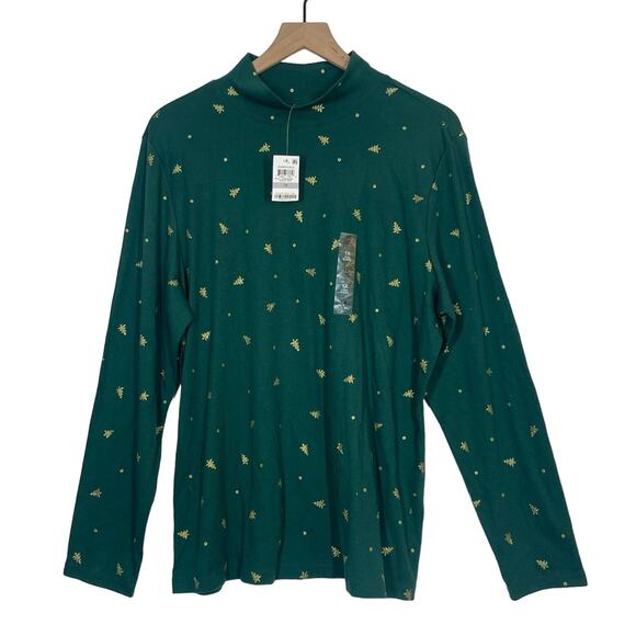 NEW Karen Scott Top Women's Green Gold Tree Print Mock Neck Plus Size 1X - Picture 2 of 8